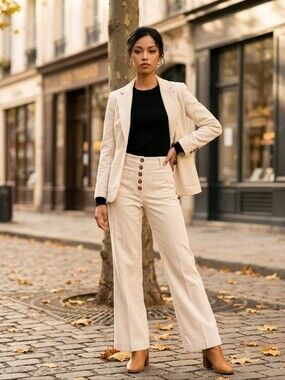 House of Harlow 1960 Cream High-Rise Wide Leg Button-Front Pants
